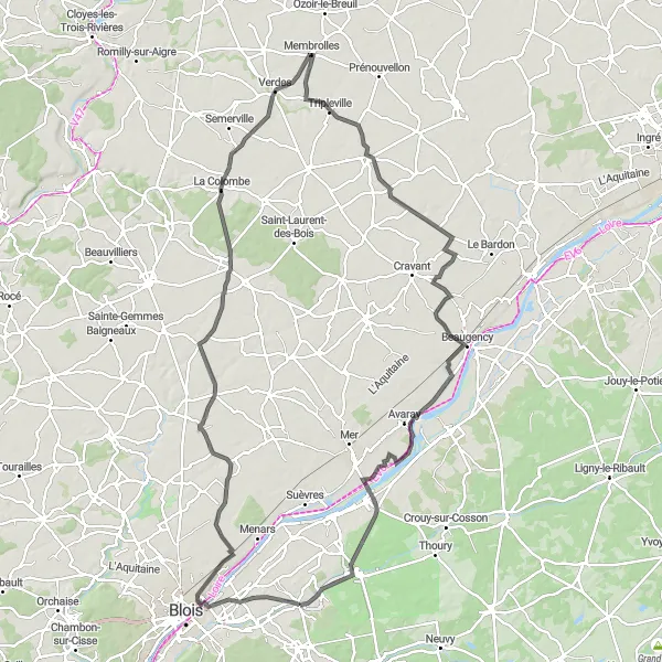 Miniature de la carte de l'inspiration cycliste "Parcours à vélo près de Huisseau-sur-Cosson" dans la Centre — Val de Loire, France. Générée par le planificateur d'itinéraire cycliste Tarmacs.app