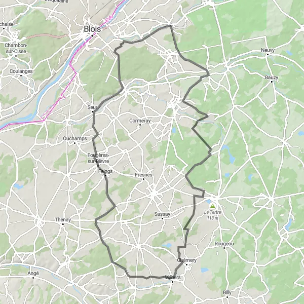 Miniature de la carte de l'inspiration cycliste "Parcours Routier vers Chémery depuis Huisseau-sur-Cosson" dans la Centre — Val de Loire, France. Générée par le planificateur d'itinéraire cycliste Tarmacs.app