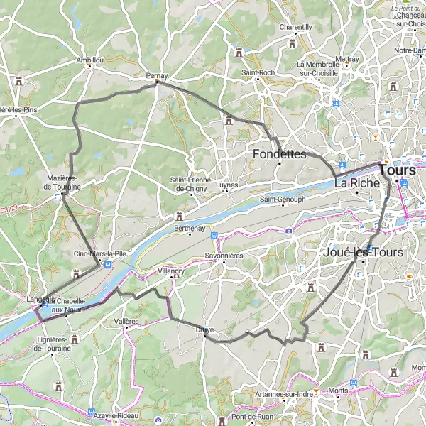 Map miniature of "Picturesque Villages and Scenic Routes" cycling inspiration in Centre — Val de Loire, France. Generated by Tarmacs.app cycling route planner