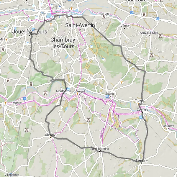 Map miniature of "Châteaux and Vineyards Tour" cycling inspiration in Centre — Val de Loire, France. Generated by Tarmacs.app cycling route planner