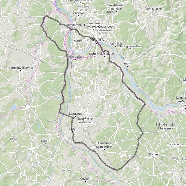 Miniature de la carte de l'inspiration cycliste "Boucle de la Vallée de l'Aubois" dans la Centre — Val de Loire, France. Générée par le planificateur d'itinéraire cycliste Tarmacs.app