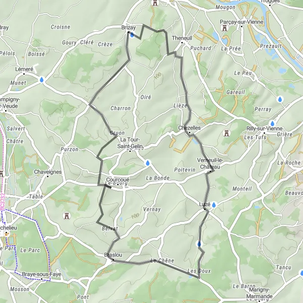 Map miniature of "Scenic Road Cycling near L'Île-Bouchard" cycling inspiration in Centre — Val de Loire, France. Generated by Tarmacs.app cycling route planner