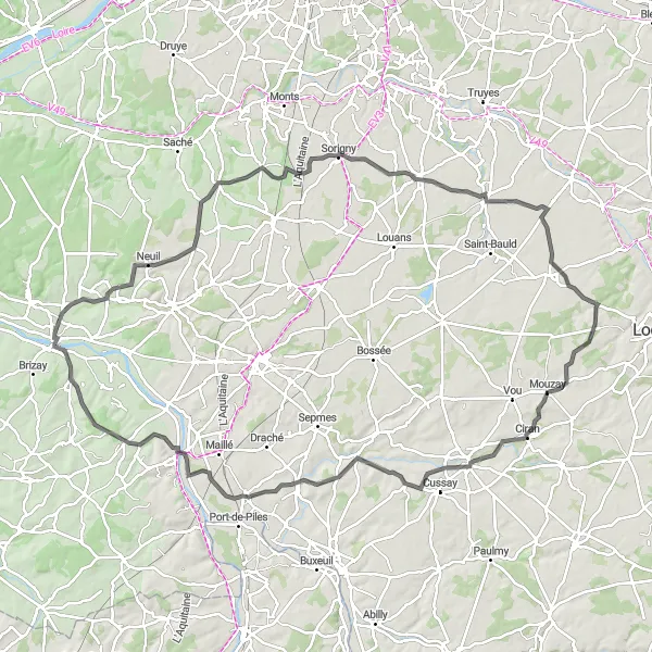 Map miniature of "Scenic Loop through Chanceaux-près-Loches" cycling inspiration in Centre — Val de Loire, France. Generated by Tarmacs.app cycling route planner