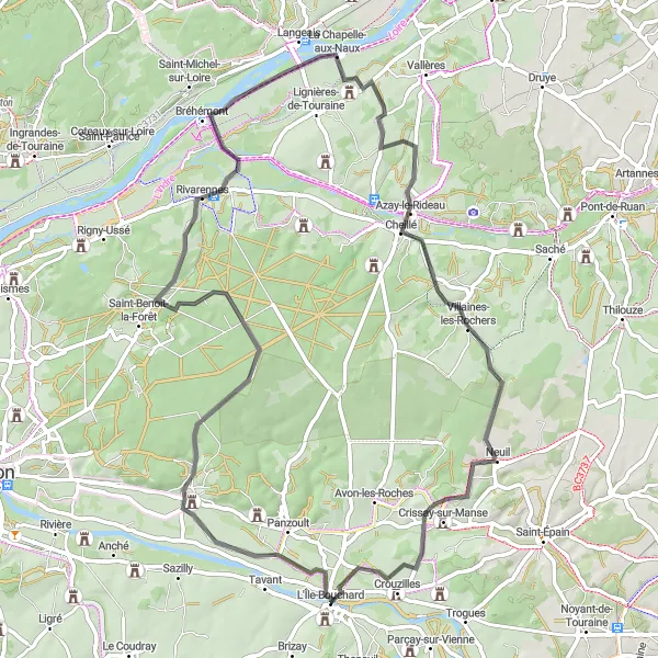 Map miniature of "Exploring Cravant-les-Côteaux and Cheillé" cycling inspiration in Centre — Val de Loire, France. Generated by Tarmacs.app cycling route planner