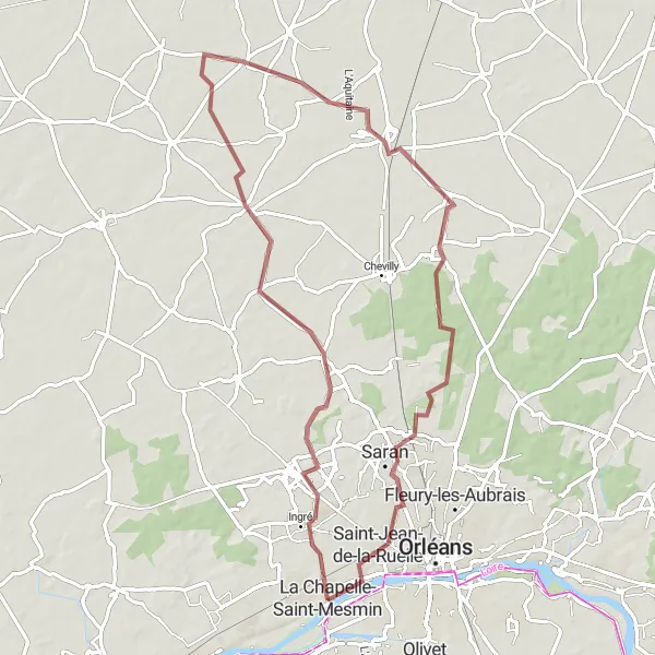 Miniature de la carte de l'inspiration cycliste "Boucle Saran - Ingré" dans la Centre — Val de Loire, France. Générée par le planificateur d'itinéraire cycliste Tarmacs.app