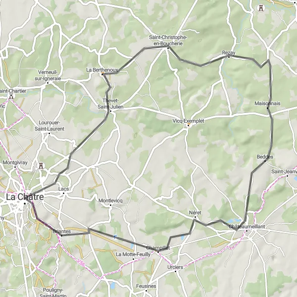 Map miniature of "Thevet-Saint-Julien Loop" cycling inspiration in Centre — Val de Loire, France. Generated by Tarmacs.app cycling route planner