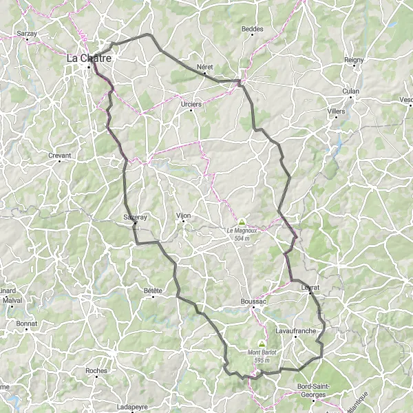 Map miniature of "Challenging Road Cycling Loop around Toulx-Sainte-Croix" cycling inspiration in Centre — Val de Loire, France. Generated by Tarmacs.app cycling route planner