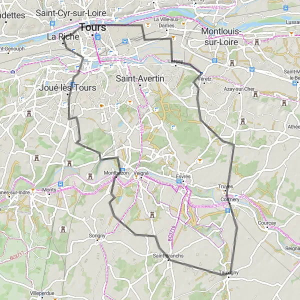 Miniature de la carte de l'inspiration cycliste "Boucle autour de La Riche et ses environs" dans la Centre — Val de Loire, France. Générée par le planificateur d'itinéraire cycliste Tarmacs.app