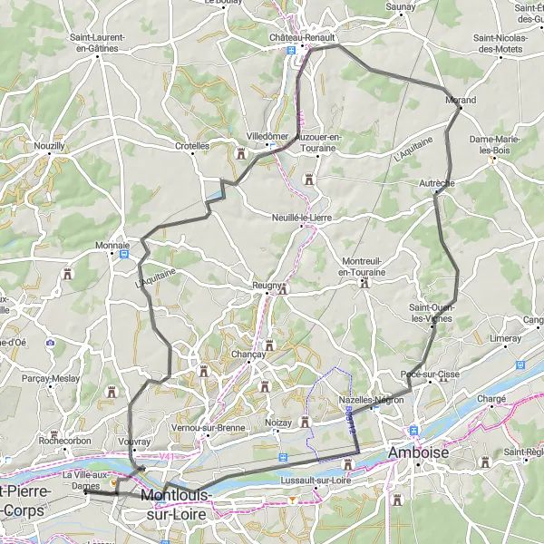 Miniature de la carte de l'inspiration cycliste "Boucle des Vignobles de Vouvray" dans la Centre — Val de Loire, France. Générée par le planificateur d'itinéraire cycliste Tarmacs.app