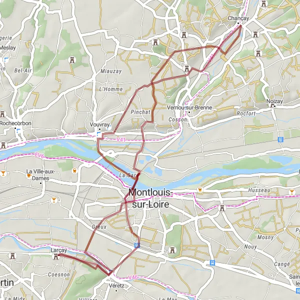 Map miniature of "Larçay Gravel Loop" cycling inspiration in Centre — Val de Loire, France. Generated by Tarmacs.app cycling route planner