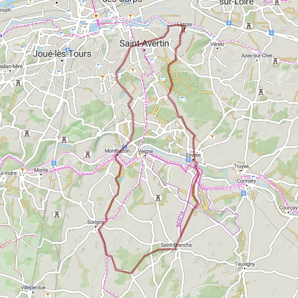 Miniature de la carte de l'inspiration cycliste "Le Gravel des Châteaux" dans la Centre — Val de Loire, France. Générée par le planificateur d'itinéraire cycliste Tarmacs.app