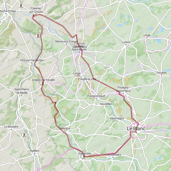 Map miniature of "Le Blanc - Concremiers - Mérigny - Angles-sur-l'Anglin - Yzeures-sur-Creuse - Tournon-Saint-Martin - Pouligny-Saint-Pierre" cycling inspiration in Centre — Val de Loire, France. Generated by Tarmacs.app cycling route planner