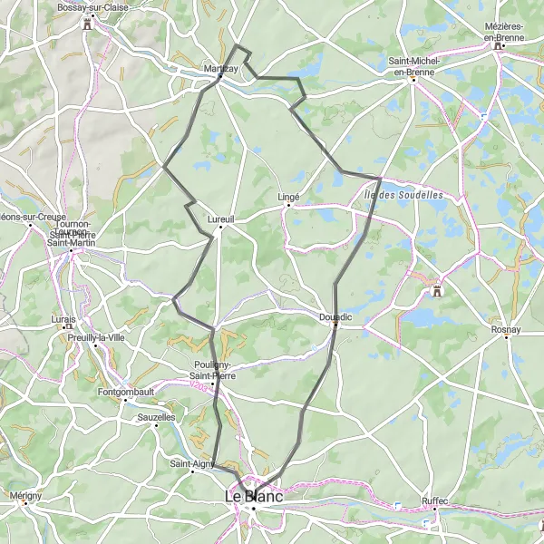 Map miniature of "Le Blanc - Pouligny-Saint-Pierre - Lureuil - Martizay - Château-Naillac" cycling inspiration in Centre — Val de Loire, France. Generated by Tarmacs.app cycling route planner