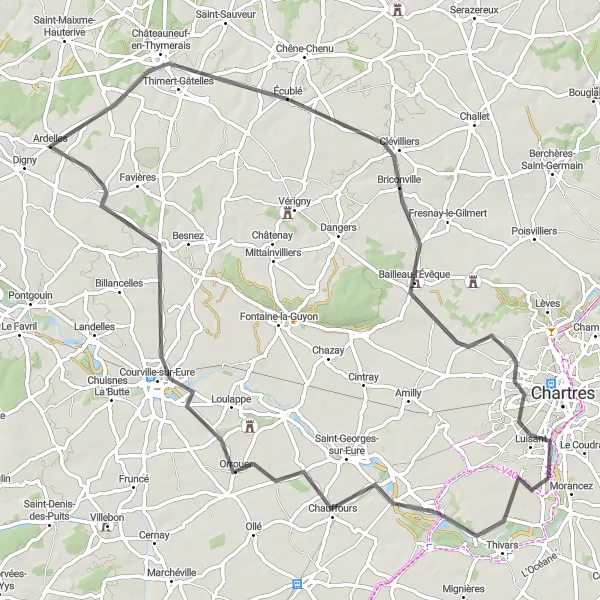 Miniature de la carte de l'inspiration cycliste "Boucle de Fontenay-sur-Eure" dans la Centre — Val de Loire, France. Générée par le planificateur d'itinéraire cycliste Tarmacs.app
