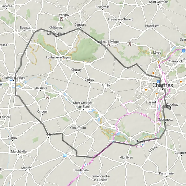 Miniature de la carte de l'inspiration cycliste "Tour du Charme de Chartres" dans la Centre — Val de Loire, France. Générée par le planificateur d'itinéraire cycliste Tarmacs.app
