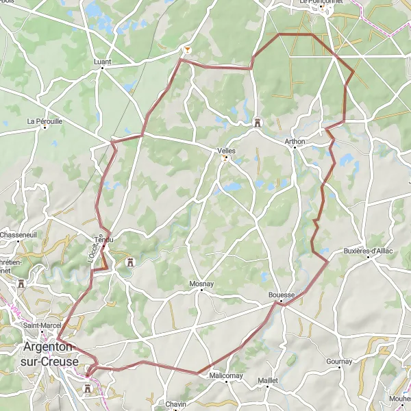 Miniature de la carte de l'inspiration cycliste "Aventure en Gravel à Lothiers" dans la Centre — Val de Loire, France. Générée par le planificateur d'itinéraire cycliste Tarmacs.app