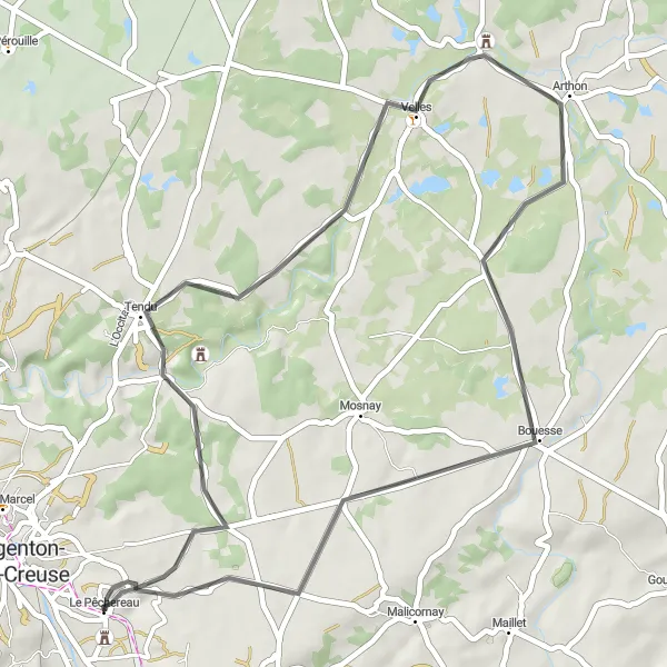 Miniature de la carte de l'inspiration cycliste "Tour Historique à Bouesse" dans la Centre — Val de Loire, France. Générée par le planificateur d'itinéraire cycliste Tarmacs.app