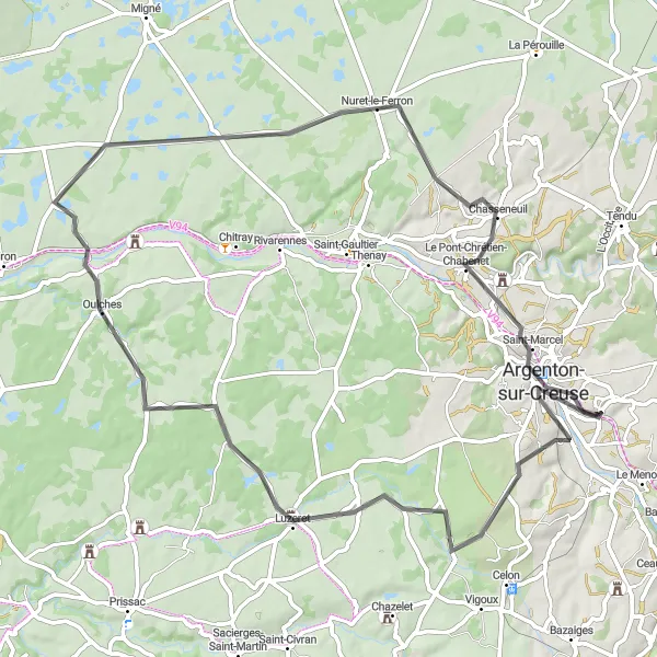 Miniature de la carte de l'inspiration cycliste "Tour de la Creuse" dans la Centre — Val de Loire, France. Générée par le planificateur d'itinéraire cycliste Tarmacs.app
