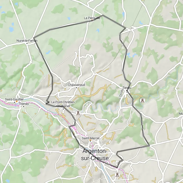 Miniature de la carte de l'inspiration cycliste "Châteaux and Rivers Ride" dans la Centre — Val de Loire, France. Générée par le planificateur d'itinéraire cycliste Tarmacs.app