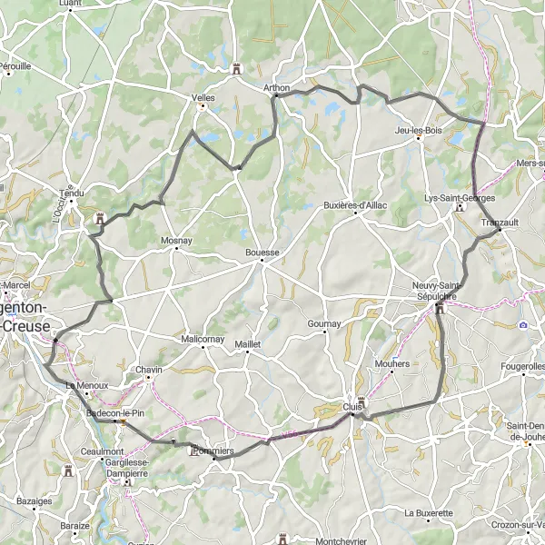 Miniature de la carte de l'inspiration cycliste "Châteaux and Villages Loop" dans la Centre — Val de Loire, France. Générée par le planificateur d'itinéraire cycliste Tarmacs.app