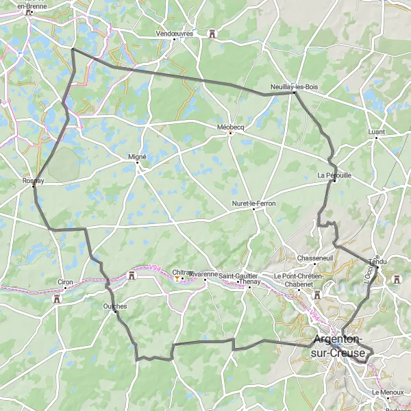 Miniature de la carte de l'inspiration cycliste "Creuse Valley Tour" dans la Centre — Val de Loire, France. Générée par le planificateur d'itinéraire cycliste Tarmacs.app