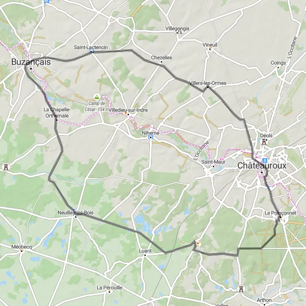 Miniature de la carte de l'inspiration cycliste "Circuit de Châteauroux" dans la Centre — Val de Loire, France. Générée par le planificateur d'itinéraire cycliste Tarmacs.app