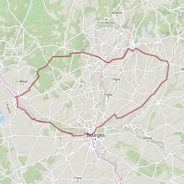 Miniature de la carte de l'inspiration cycliste "Aventure gravel à travers le Berry" dans la Centre — Val de Loire, France. Générée par le planificateur d'itinéraire cycliste Tarmacs.app