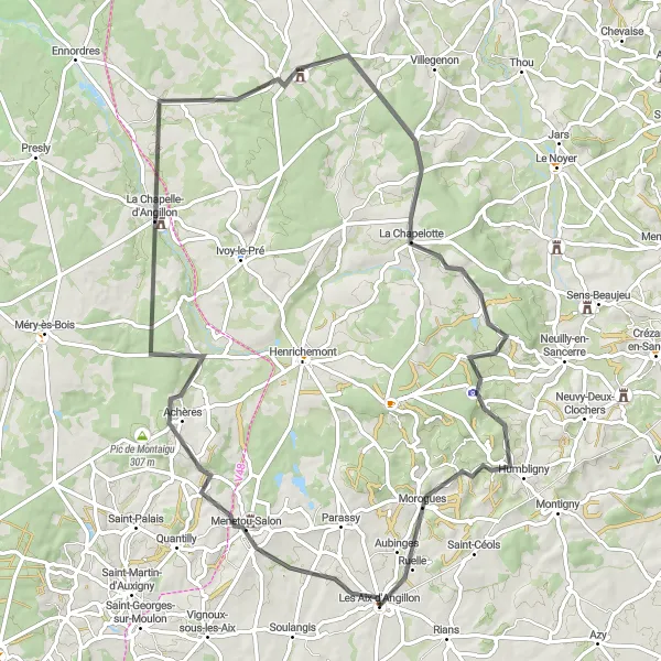 Map miniature of "Touring the Countryside of Menetou-Salon" cycling inspiration in Centre — Val de Loire, France. Generated by Tarmacs.app cycling route planner