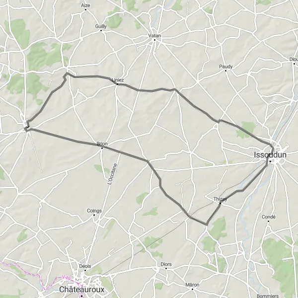 Map miniature of "Levroux Road Loop" cycling inspiration in Centre — Val de Loire, France. Generated by Tarmacs.app cycling route planner