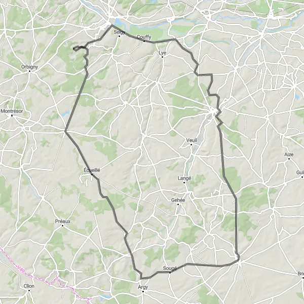 Map miniature of "Levroux and the Val de Loire" cycling inspiration in Centre — Val de Loire, France. Generated by Tarmacs.app cycling route planner