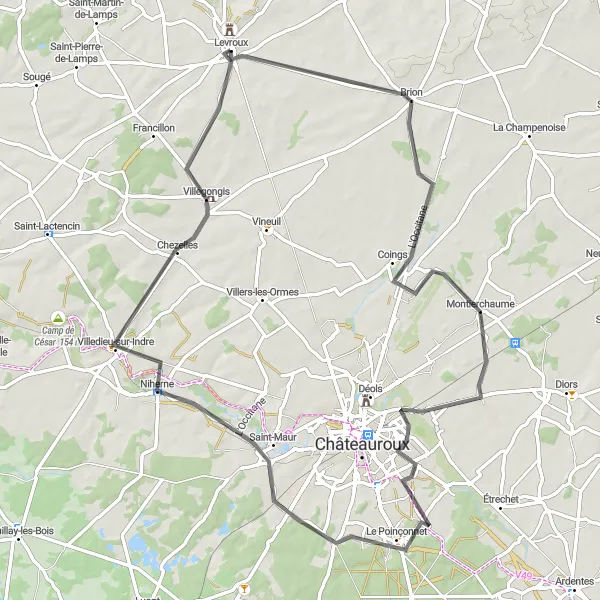 Map miniature of "Historic Villages Tour from Levroux" cycling inspiration in Centre — Val de Loire, France. Generated by Tarmacs.app cycling route planner