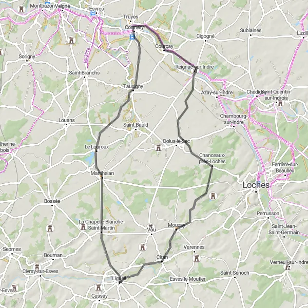 Map miniature of "Ligueil - La Chapelle-Blanche-Saint-Martin - Tauxigny - Cormery - Dolus-le-Sec - Ciran Loop" cycling inspiration in Centre — Val de Loire, France. Generated by Tarmacs.app cycling route planner