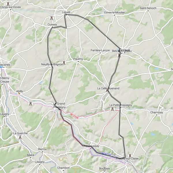 Map miniature of "Ligueil - Betz-le-Château - La Celle-Guenand - Preuilly-sur-Claise - Chaumussay - Neuilly-le-Brignon - Cussay Loop" cycling inspiration in Centre — Val de Loire, France. Generated by Tarmacs.app cycling route planner