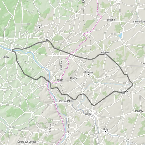 Map miniature of "Riverside Escape" cycling inspiration in Centre — Val de Loire, France. Generated by Tarmacs.app cycling route planner