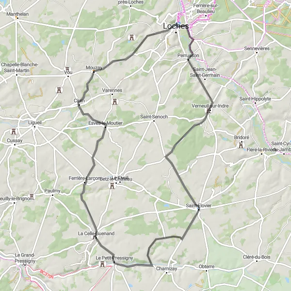 Miniature de la carte de l'inspiration cycliste "Randonnée Cycliste dans la Campagne près de Loches" dans la Centre — Val de Loire, France. Générée par le planificateur d'itinéraire cycliste Tarmacs.app