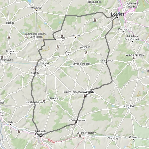 Miniature de la carte de l'inspiration cycliste "Découverte des Châteaux Médiévaux" dans la Centre — Val de Loire, France. Générée par le planificateur d'itinéraire cycliste Tarmacs.app