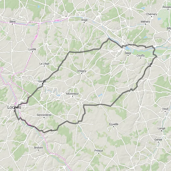 Map miniature of "Loches and Beyond: a Scenic Road Cycling Journey" cycling inspiration in Centre — Val de Loire, France. Generated by Tarmacs.app cycling route planner