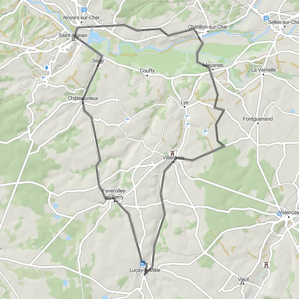 Map miniature of "Luçay-le-Mâle to Châtillon-sur-Cher Loop" cycling inspiration in Centre — Val de Loire, France. Generated by Tarmacs.app cycling route planner