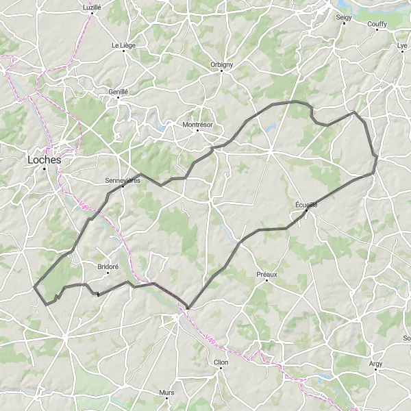 Map miniature of "Luçay-le-Mâle to Écueillé Loop" cycling inspiration in Centre — Val de Loire, France. Generated by Tarmacs.app cycling route planner
