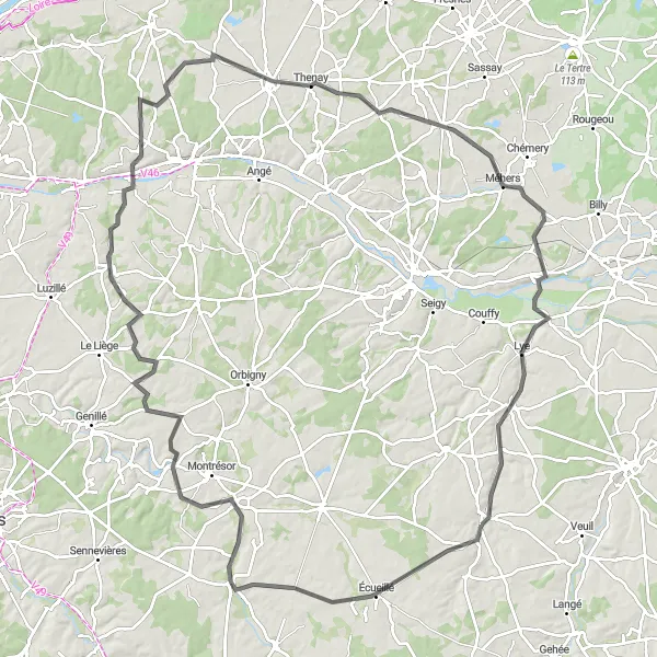 Miniature de la carte de l'inspiration cycliste "Grand Tour des Châteaux et Villages autour de Luçay-le-Mâle" dans la Centre — Val de Loire, France. Générée par le planificateur d'itinéraire cycliste Tarmacs.app
