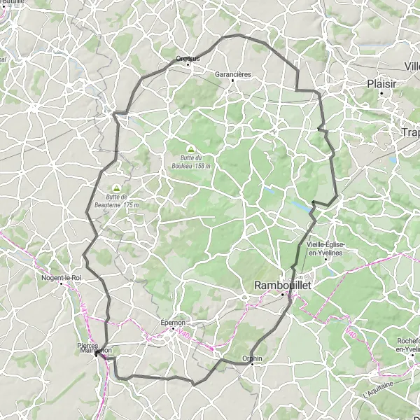 Miniature de la carte de l'inspiration cycliste "Parcours panoramique: Les Pinthières - Yermenonville" dans la Centre — Val de Loire, France. Générée par le planificateur d'itinéraire cycliste Tarmacs.app