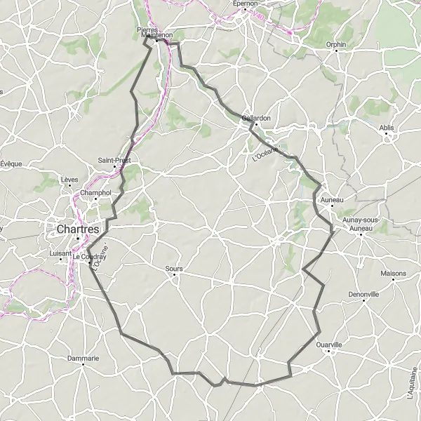 Miniature de la carte de l'inspiration cycliste "Boucle Maintenon - Chartainvilliers" dans la Centre — Val de Loire, France. Générée par le planificateur d'itinéraire cycliste Tarmacs.app