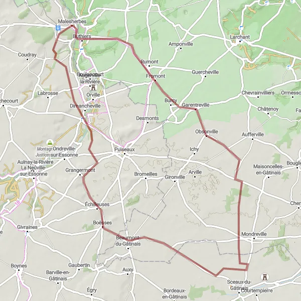 Miniature de la carte de l'inspiration cycliste "Les collines du Gâtinais" dans la Centre — Val de Loire, France. Générée par le planificateur d'itinéraire cycliste Tarmacs.app