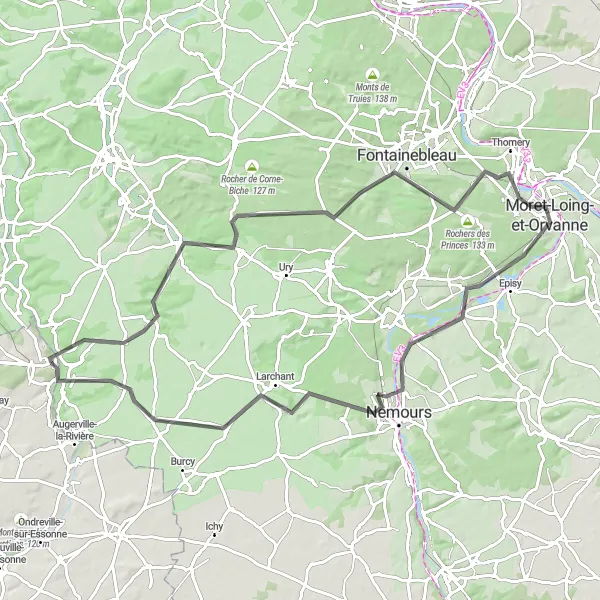 Map miniature of "Road Route to Fontainebleau" cycling inspiration in Centre — Val de Loire, France. Generated by Tarmacs.app cycling route planner