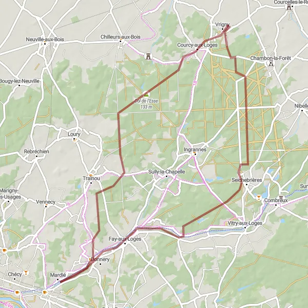 Miniature de la carte de l'inspiration cycliste "Circuit de Traînou et les Collines de l'Esse" dans la Centre — Val de Loire, France. Générée par le planificateur d'itinéraire cycliste Tarmacs.app