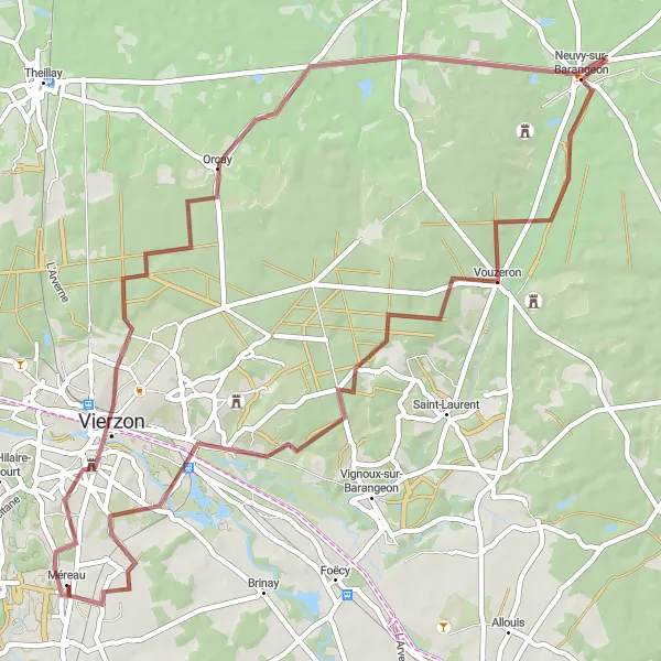 Map miniature of "Gravel Adventure to Vierzon and Beyond" cycling inspiration in Centre — Val de Loire, France. Generated by Tarmacs.app cycling route planner