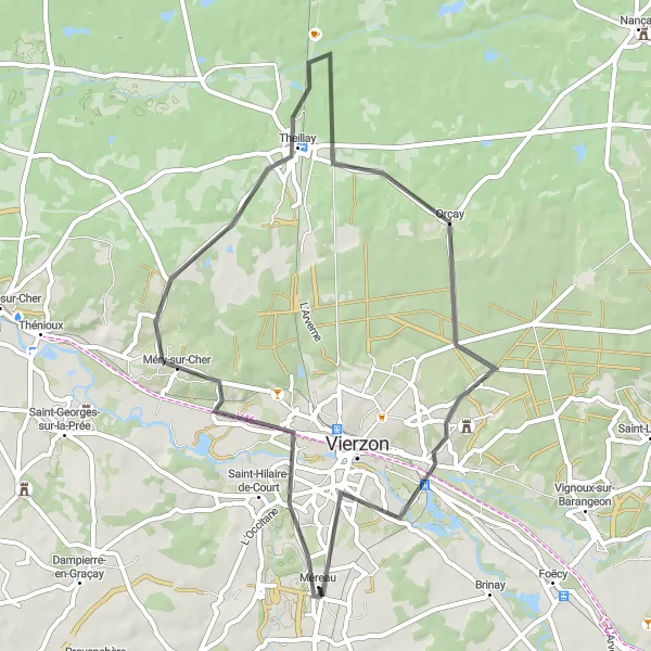 Map miniature of "Road Cycling through Méry-sur-Cher and Orçay" cycling inspiration in Centre — Val de Loire, France. Generated by Tarmacs.app cycling route planner