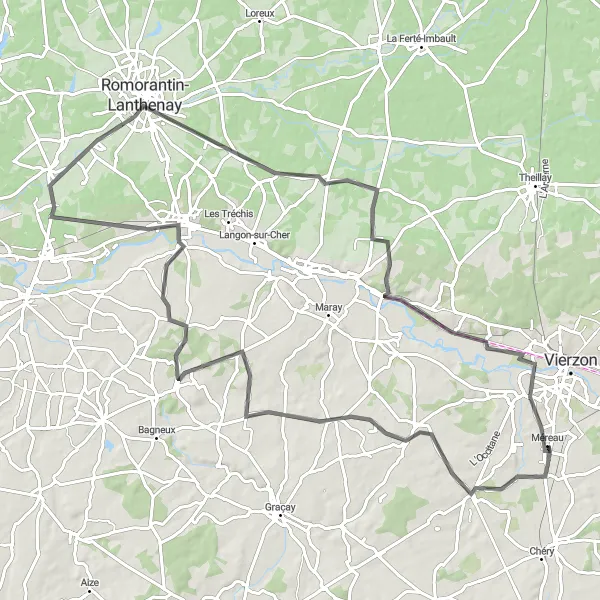 Map miniature of "Les Marais et la Vallée de l'Arnon" cycling inspiration in Centre — Val de Loire, France. Generated by Tarmacs.app cycling route planner