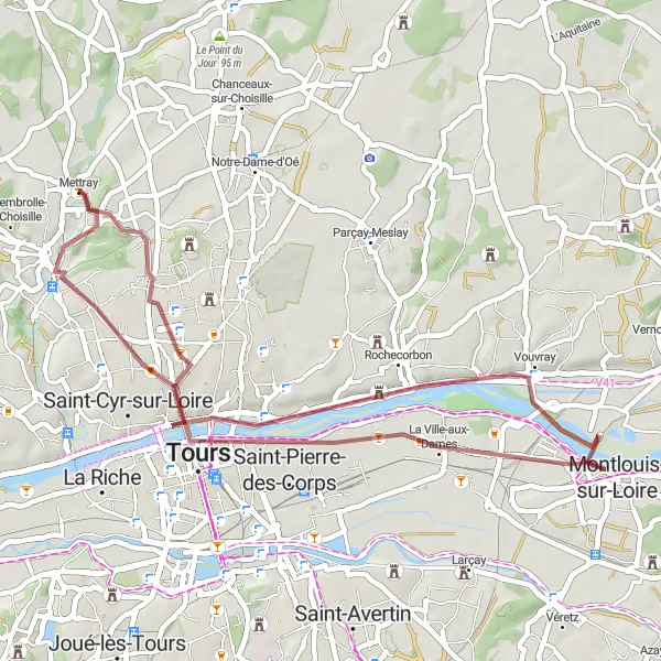 Map miniature of "Scenic Gravel Ride: Mettray Loop" cycling inspiration in Centre — Val de Loire, France. Generated by Tarmacs.app cycling route planner