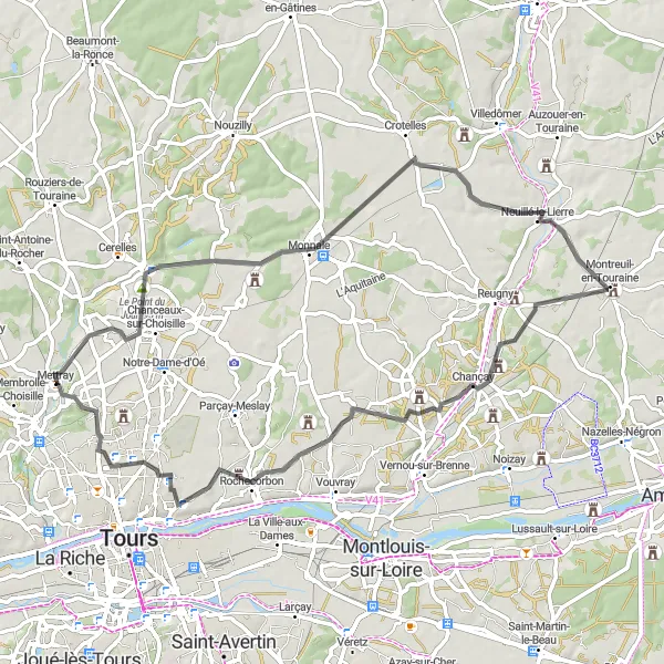 Map miniature of "Through the Touraine Vineyards" cycling inspiration in Centre — Val de Loire, France. Generated by Tarmacs.app cycling route planner